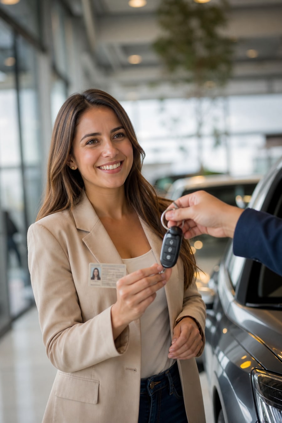 Clienta recibiendo las llaves de su carro de alquiler